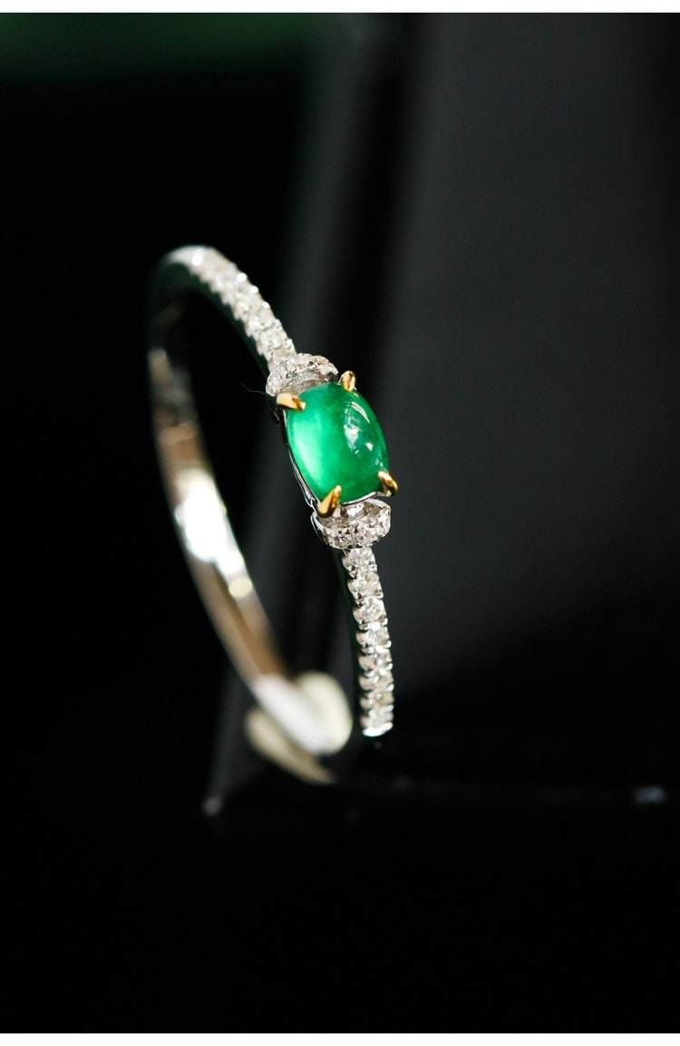 Emerald Oval Cabochon & Diamond Ring in 18K White Gold