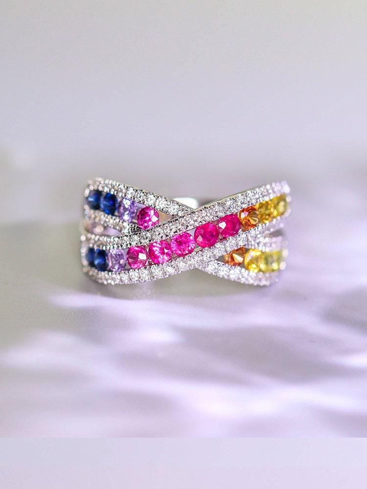Colorful Sapphire Channel Set Band Ring in 18K White Gold