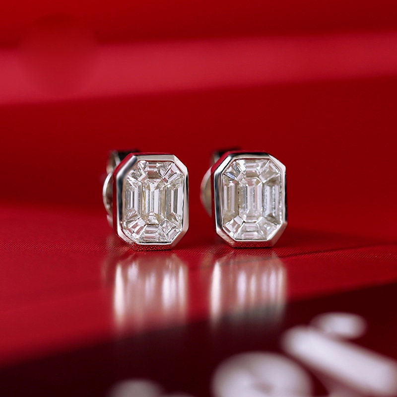 Rectangle White Sapphire Emerald Cut Studs - 18K White Gold