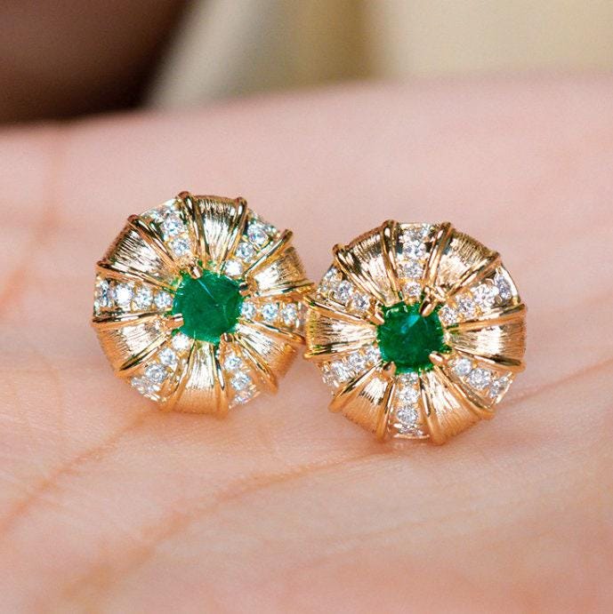 Brushed Finish 18k Gold Earrings with Emerald & Diamond