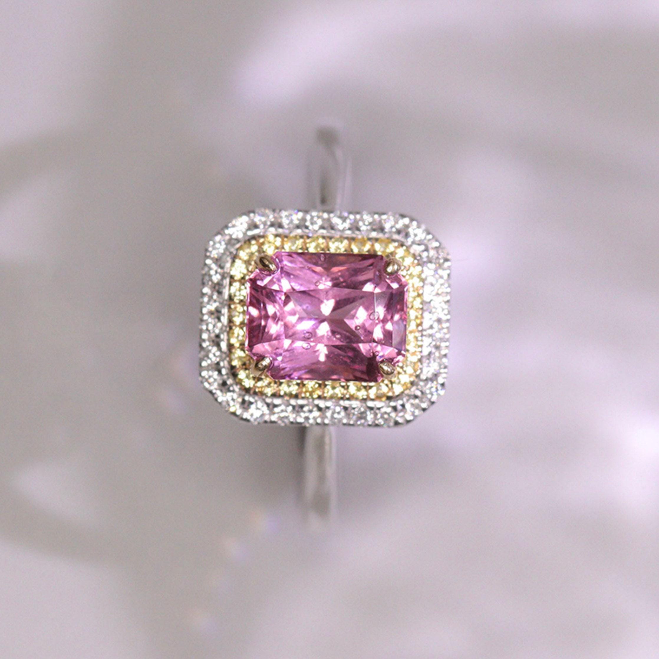 1.7ct Pink Spinel Cushion Ring with Diamonds in 18K Two Tone Gold