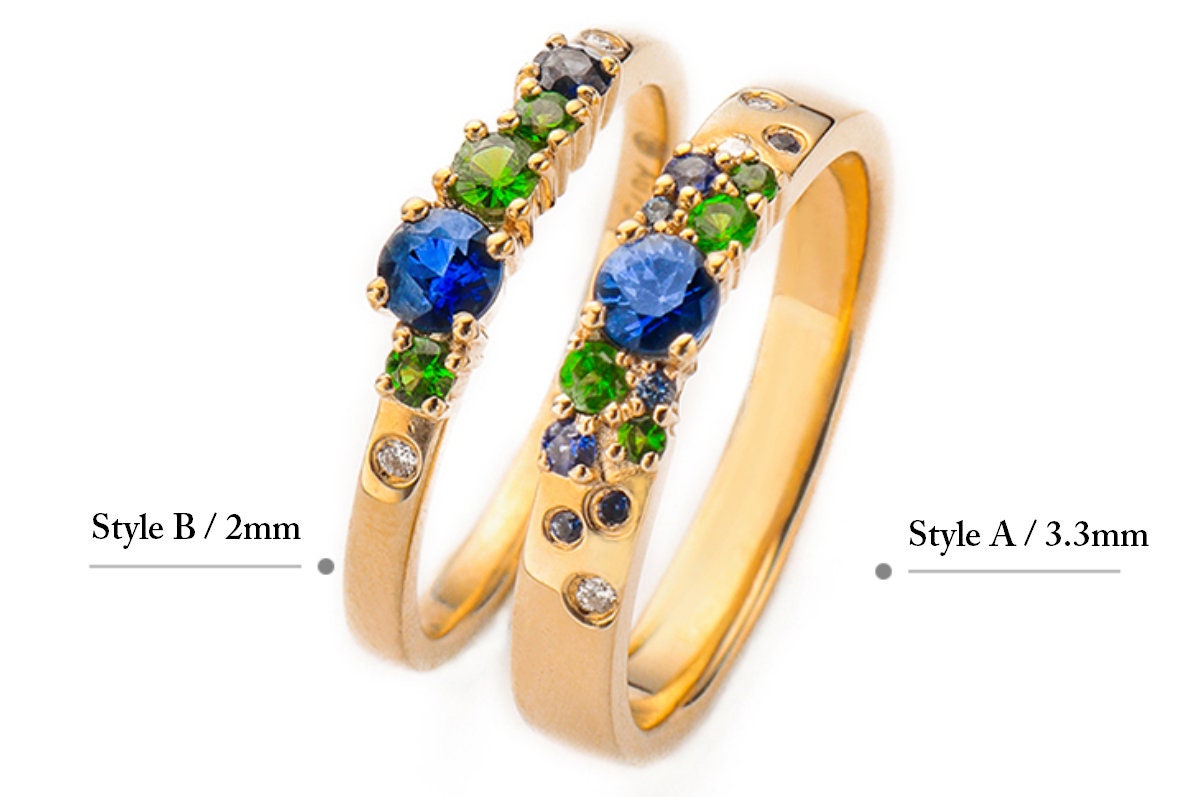 Blue Sapphire Tsavorite Cluster Band Ring in 18K Yellow Gold