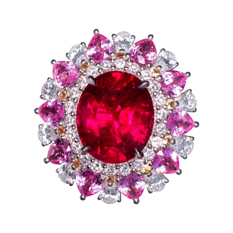 7.56ct Rubellite & Diamonds Ring Necklace Set in 18K White Gold