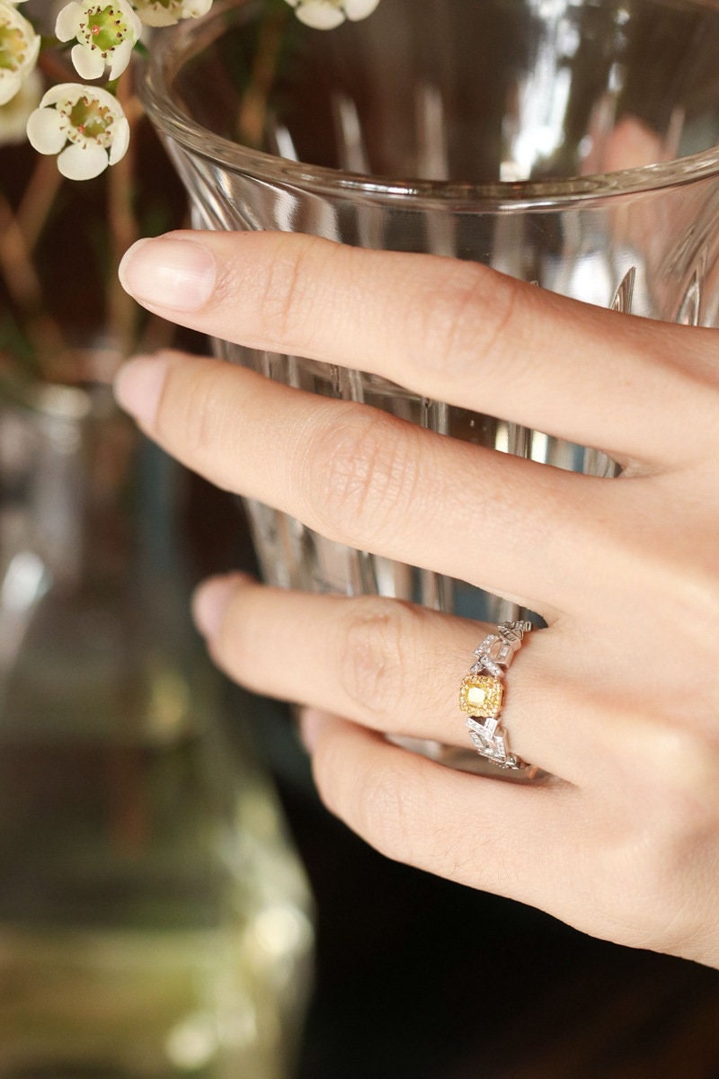 Pave Setting Fancy Yellow Diamond Ring in 18K White Gold