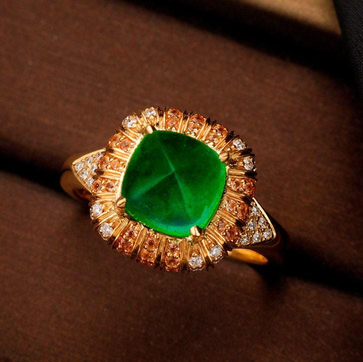 2.35ct Sugarloaf Emerald & Yellow Sapphire Ring in 18K Yellow Gold