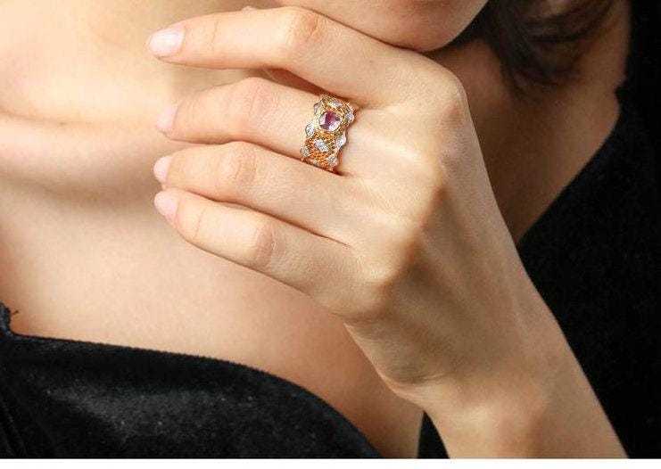 Purple Sapphire Diamond 18K Gold Honeycomb Detailing