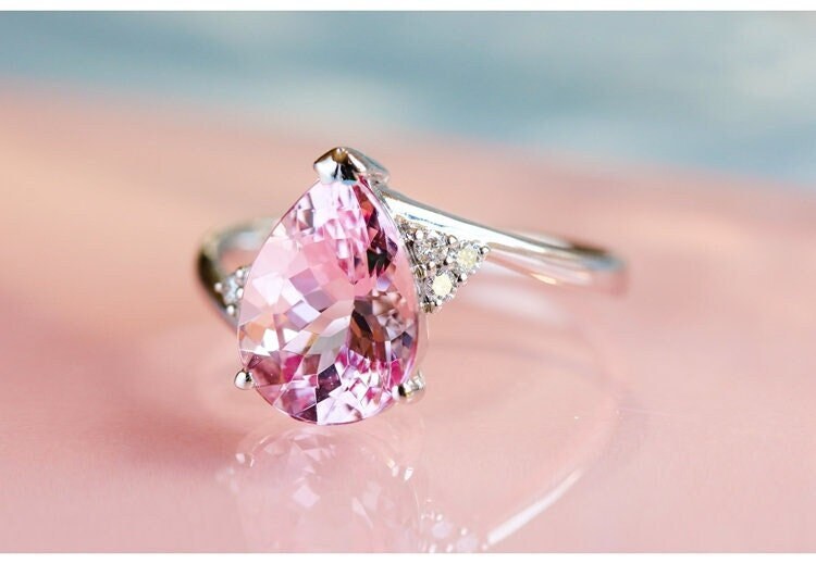 Pink Morganite Teardrop Shape Ring in 18K White Gold