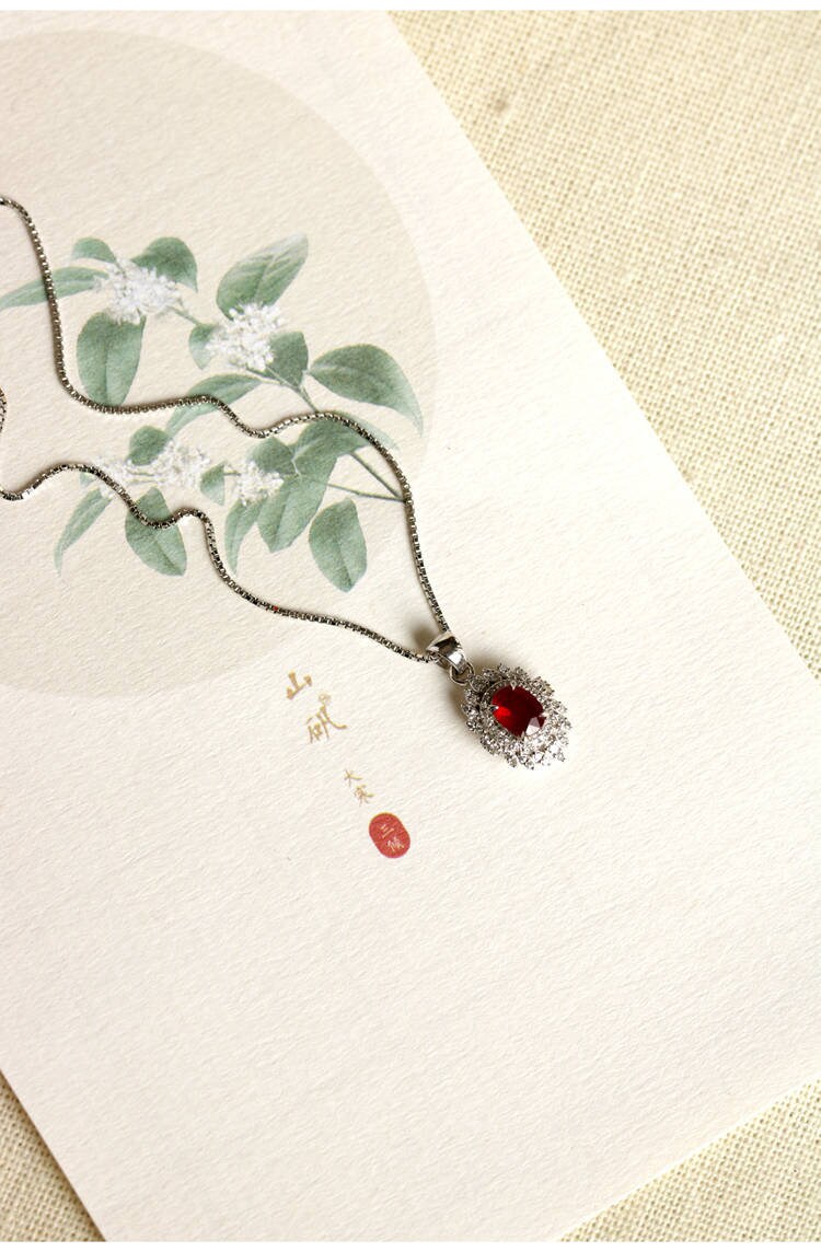 Vivid Red Ruby Oval & Diamonds Necklace in 18K White Gold