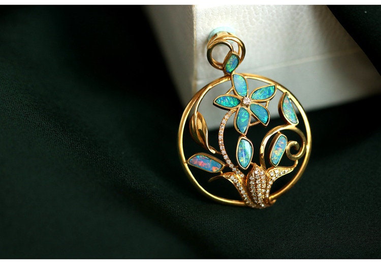 Blue Opal and Diamond Flower Necklace - 18K Yellow Gold