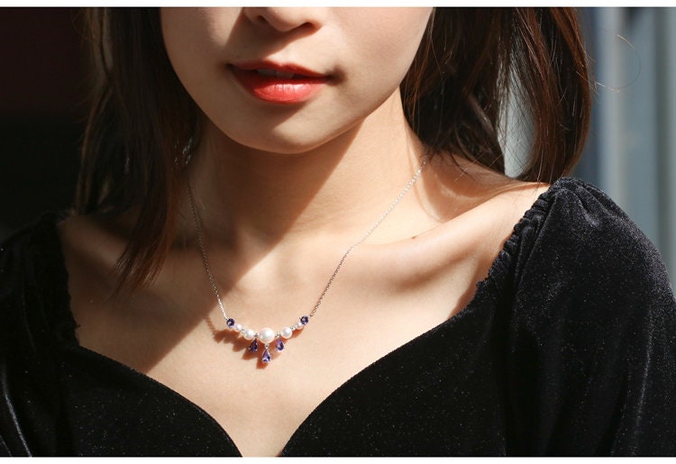Blue Tanzanite & Akoya Pearl Cluster Necklace - 18K White Gold