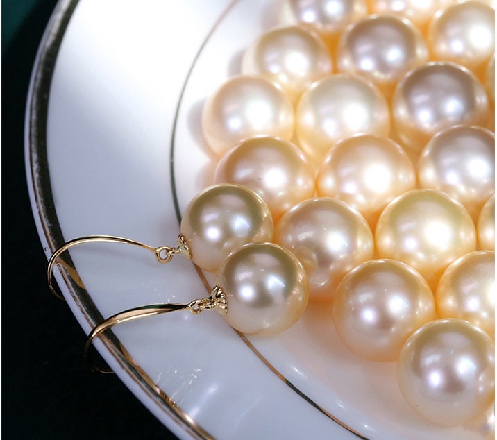 Huge 13mm South Sea Golden Pearl French Wire Earrings in 18K Gold