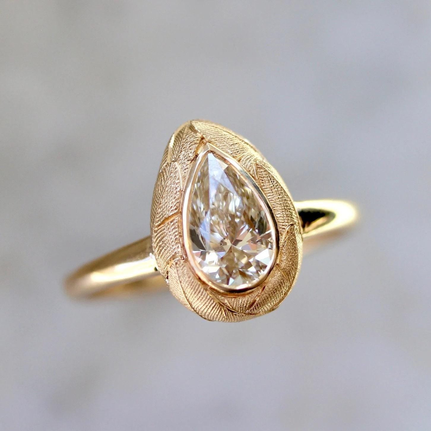 Champagne Diamond Pear Engagement Ring - 18K Yellow Gold