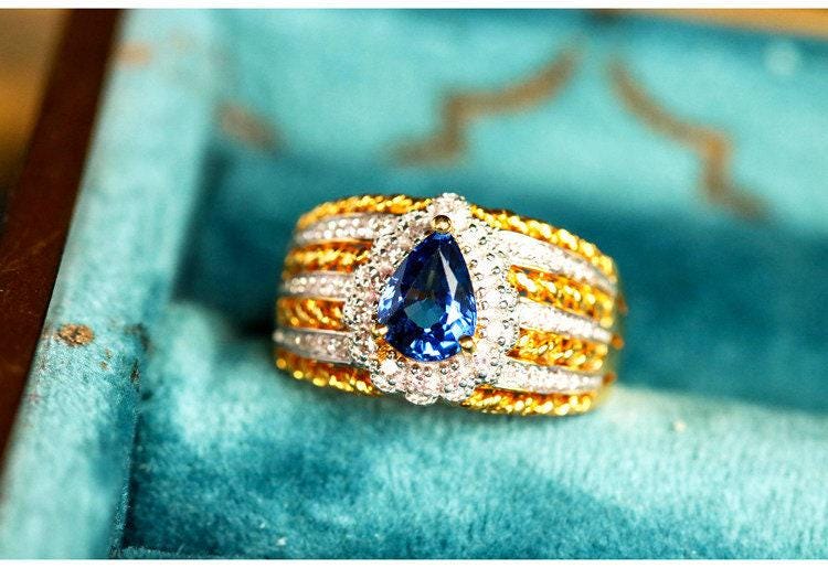 Blue Sapphire Diamond Ring - 18K Two Tone Gold