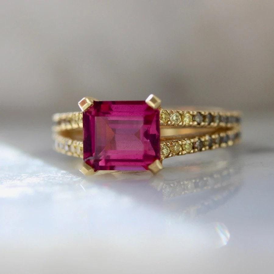 2ct Rubellite Tourmaline Diamond Ring - 18K Yellow Gold