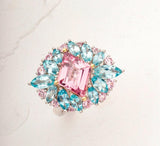 Pink Purple Spinel Kite Cut & Aquamarine 18K Cluster Ring