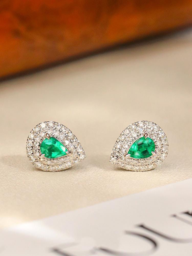 Emerald Teardrop Earrings with Double Diamond Halo in Platinum 950