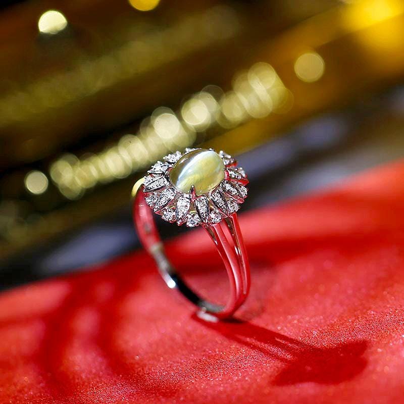 1.3ct Chrysoberyl Cat's Eye Gemstone Diamond Ring in 18K White Gold