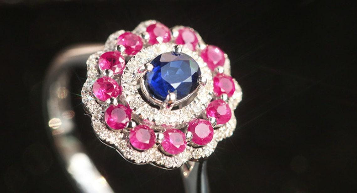 Vintage Sapphire Double Halo 18K Gold Ring with Pink Ruby