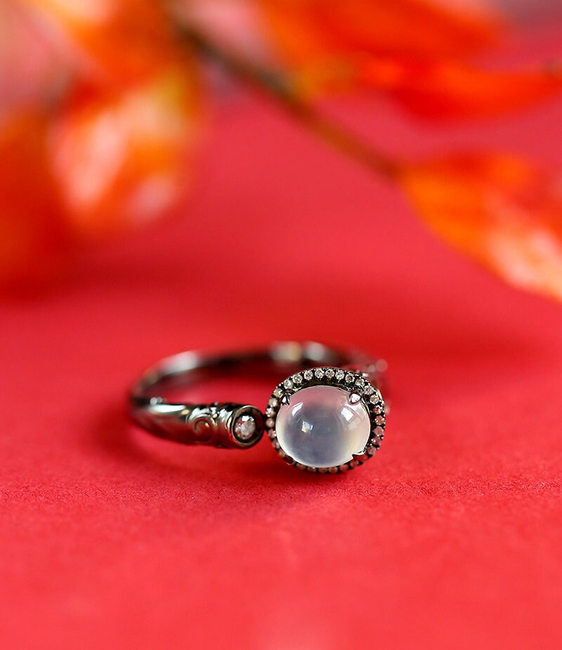 White Jade Cabochon Ring with Diamond Accents in 18K Black Gold