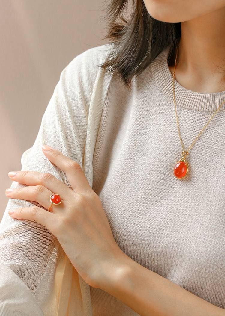 Huge Southern Red Agate Tsavorite Necklace - 18K Yellow Gold