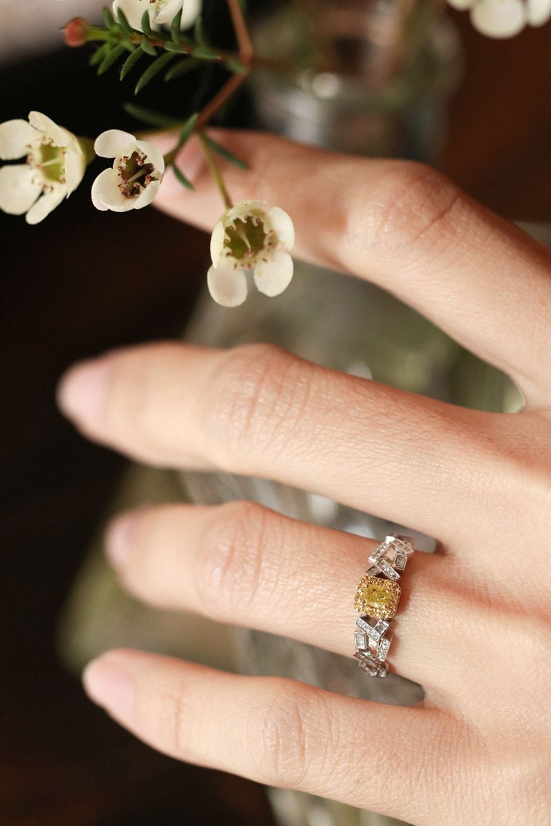 Pave Setting Fancy Yellow Diamond Ring in 18K White Gold