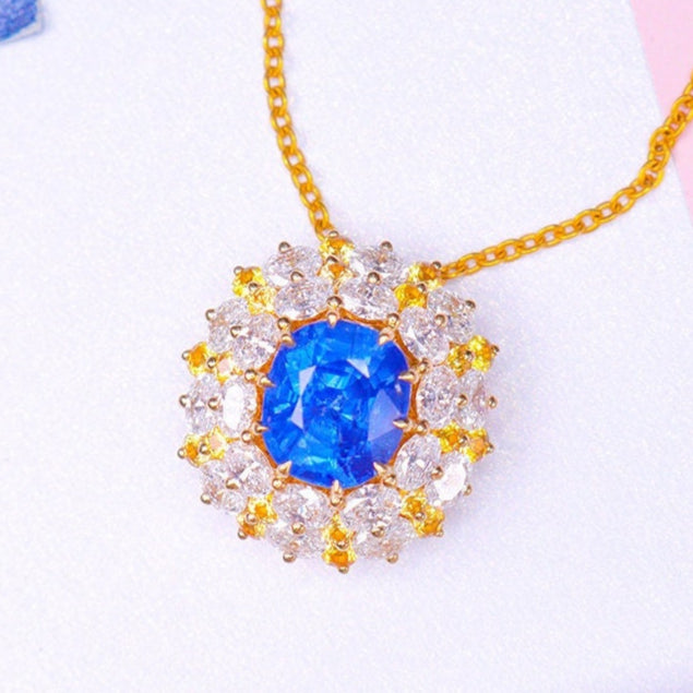 2.2ct Blue Sapphire Oval Cut 18K Gold Pendant with Huge Halo Diamond
