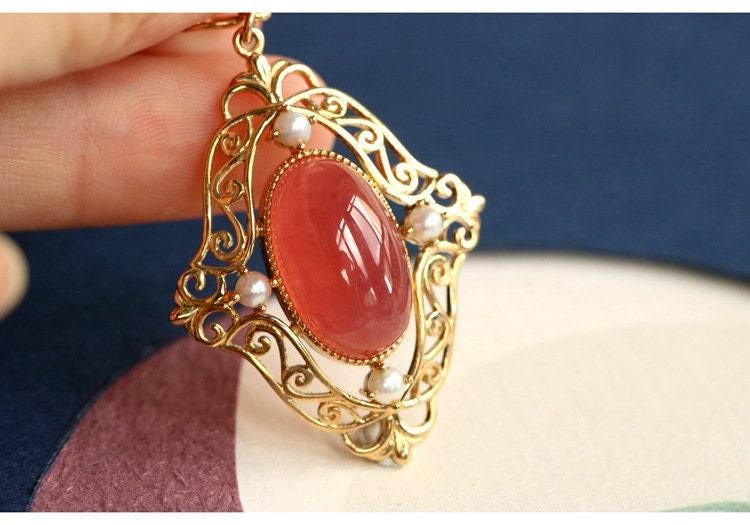 Hollow Out Design Rhodochrosite 18K Yellow Gold Pendant set with Akoya Pearl