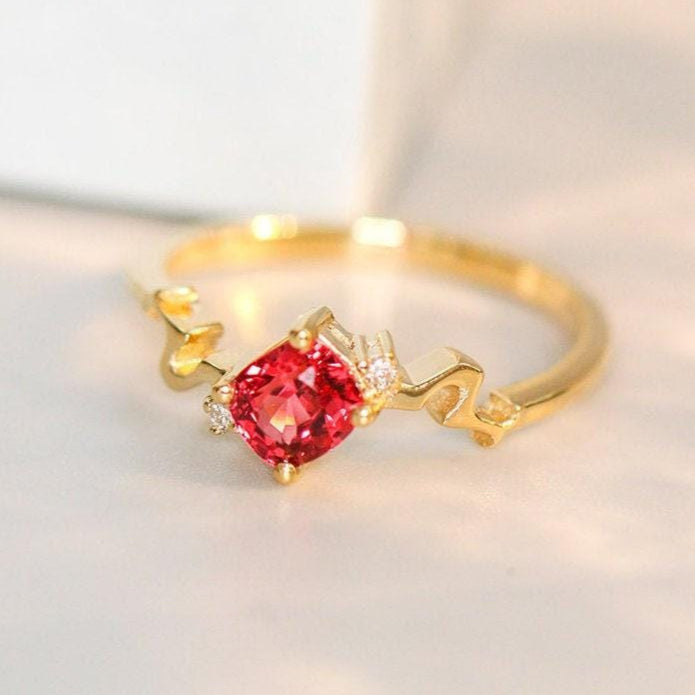 Red Spinel Cushion Twisted Ring - 18K Yellow Gold