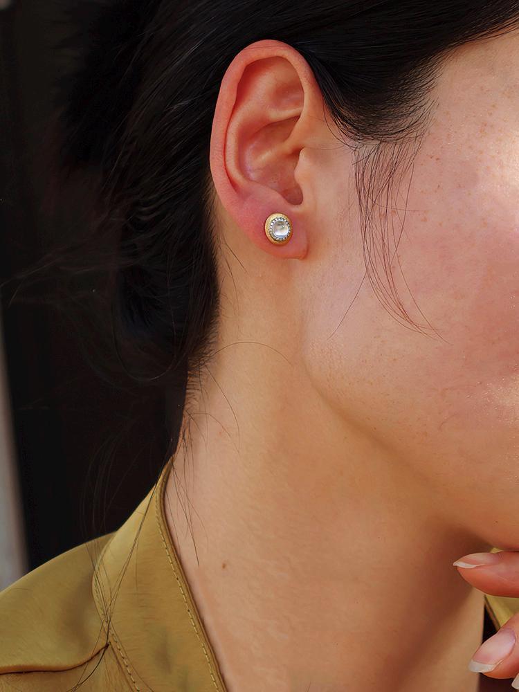 White Jade & Diamond Stud Earrings with Brush Finish in 18K Gold