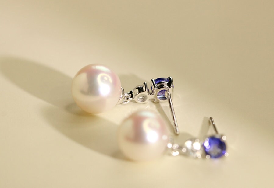 Tanzanite & 8mm Akoya Pearl Earrings with Diamonds in 18K Gold
