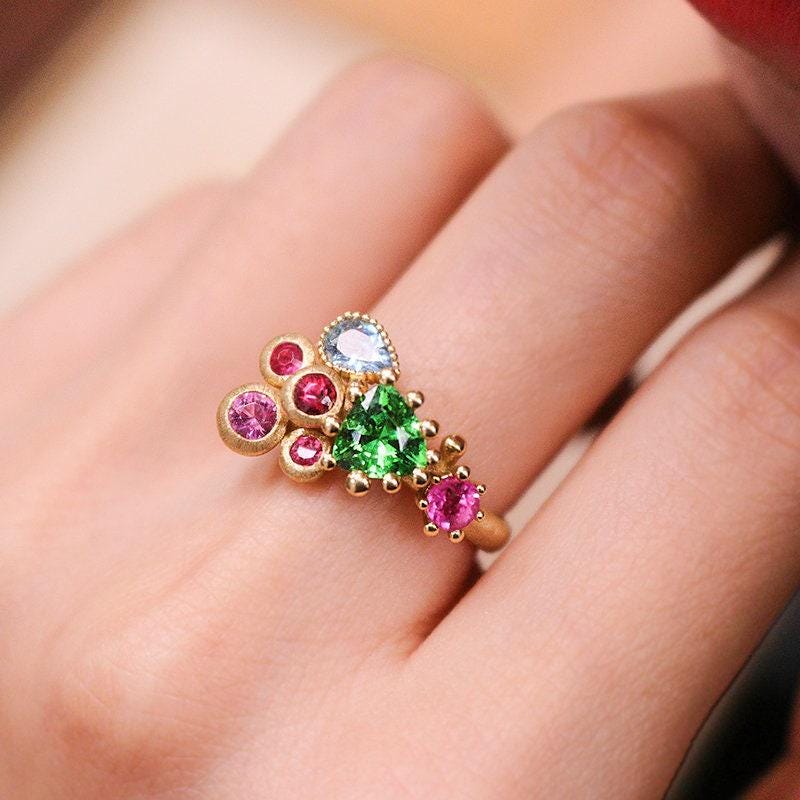 Tsavorite Trillion Cut Brushed Finish Ring with Sapphire in 18K Gold