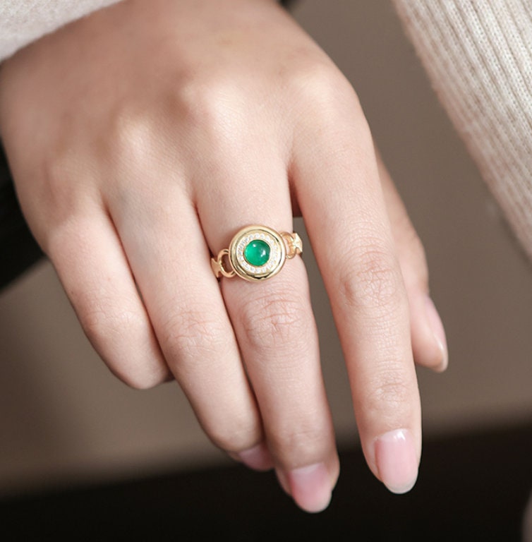3 Style + Emerald Art Deco 18K Gold Byzantine Ring