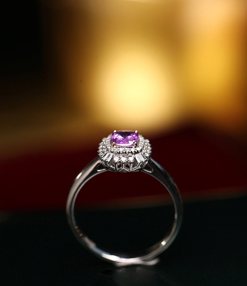 Double Halo Purple Spinel 18K Ring Set with Diamond