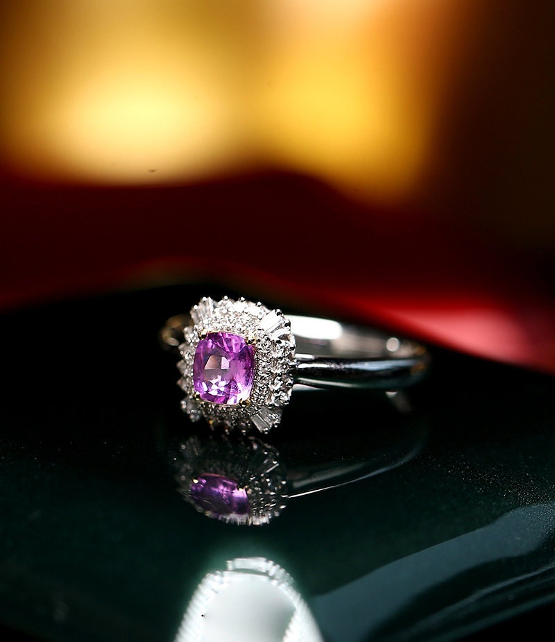 Double Halo Purple Spinel 18K Ring Set with Diamond