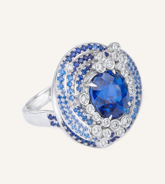 Tanzanite Sapphire Art Deco Ring - PT950 Cluster Diamond