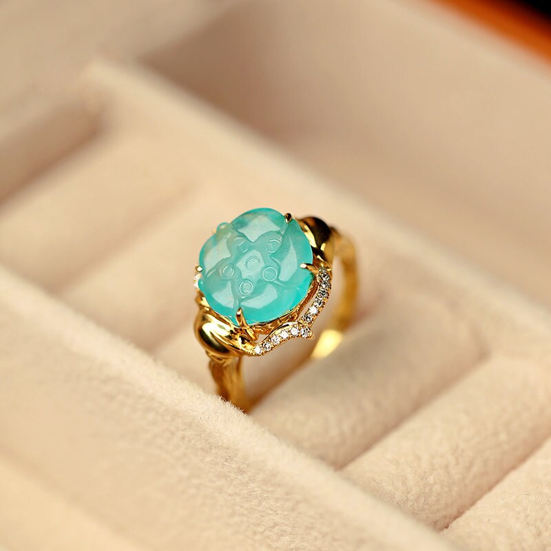 5A Amazonyte Rose Shape 18K Yellow Gold Ring