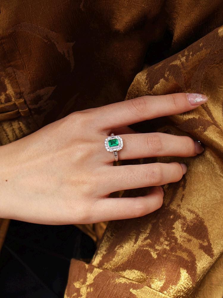 Emerald & Diamond Halo Pave Ring in 18K White Gold