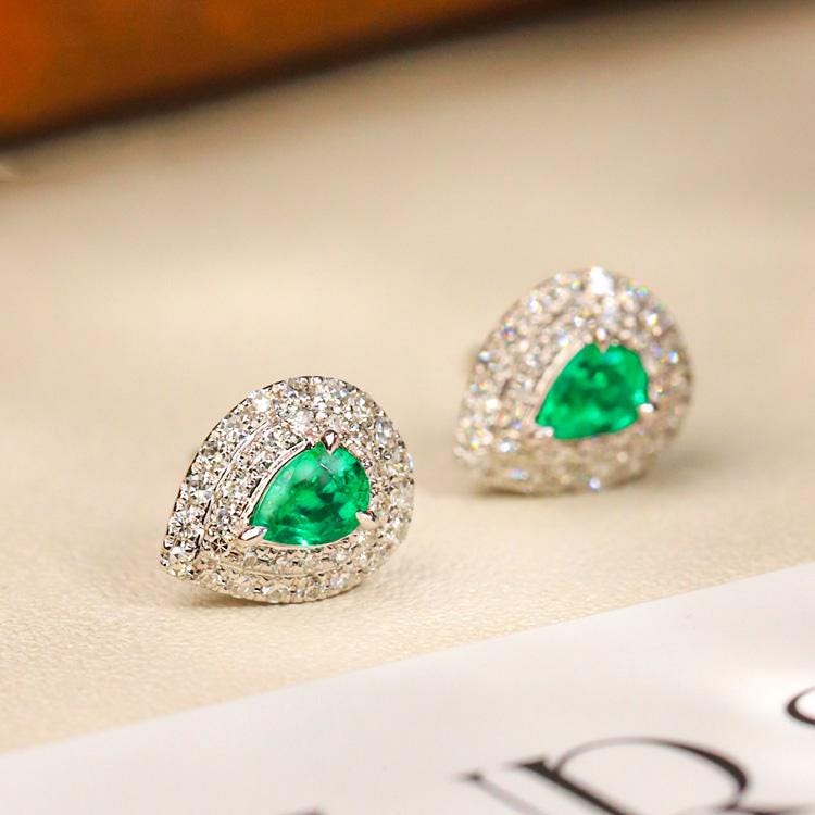 Emerald Teardrop Earrings with Double Diamond Halo in Platinum 950