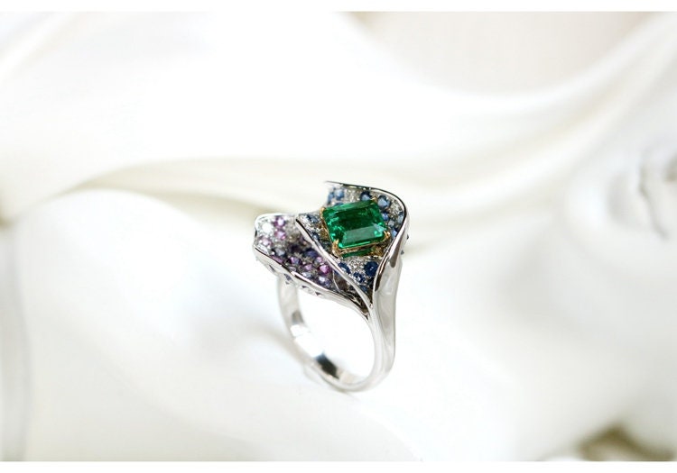 Alocasia Design Emerald & Sapphire Statement Ring in 18K Gold