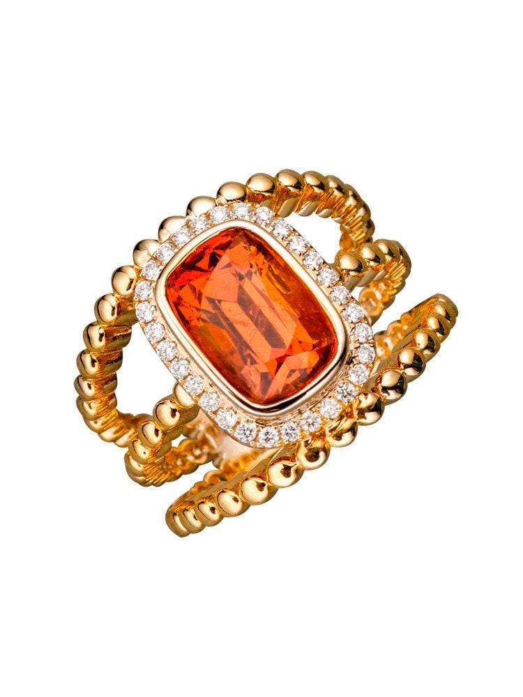 3.8ct Fanta Garnet Diamond Halo Stackable Ring - 18K Yellow Gold