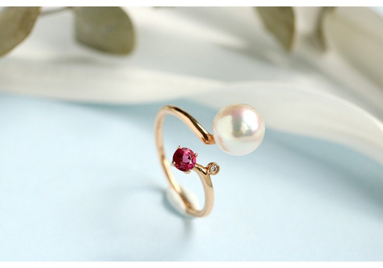 Akoya Pearl & Red Tourmaline Open Ring - 18K Yellow Gold