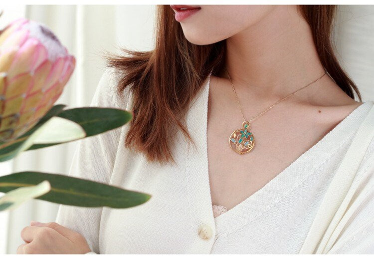 Blue Opal and Diamond Flower Necklace - 18K Yellow Gold