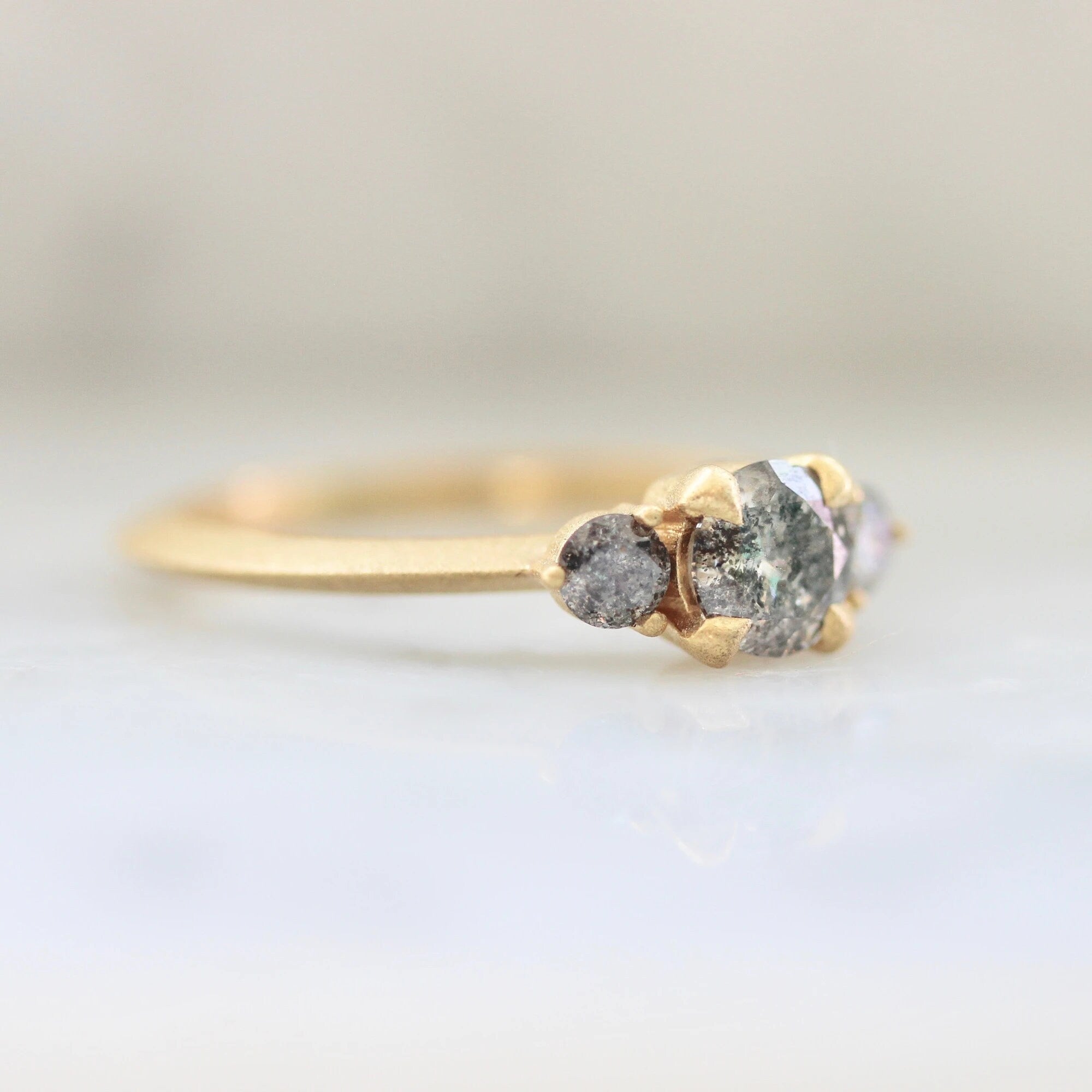 Three Stone Salt & Pepper Diamond Horizontal Stone 18K Gold Engagement Ring