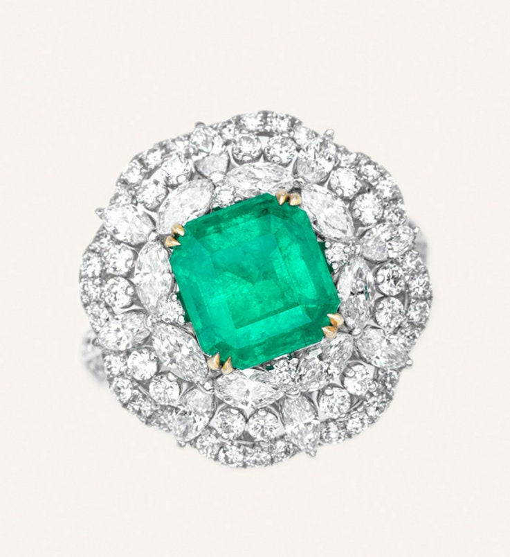 Art Deco Paraiba Tourmaline & Emerald Ring in Platinum 950