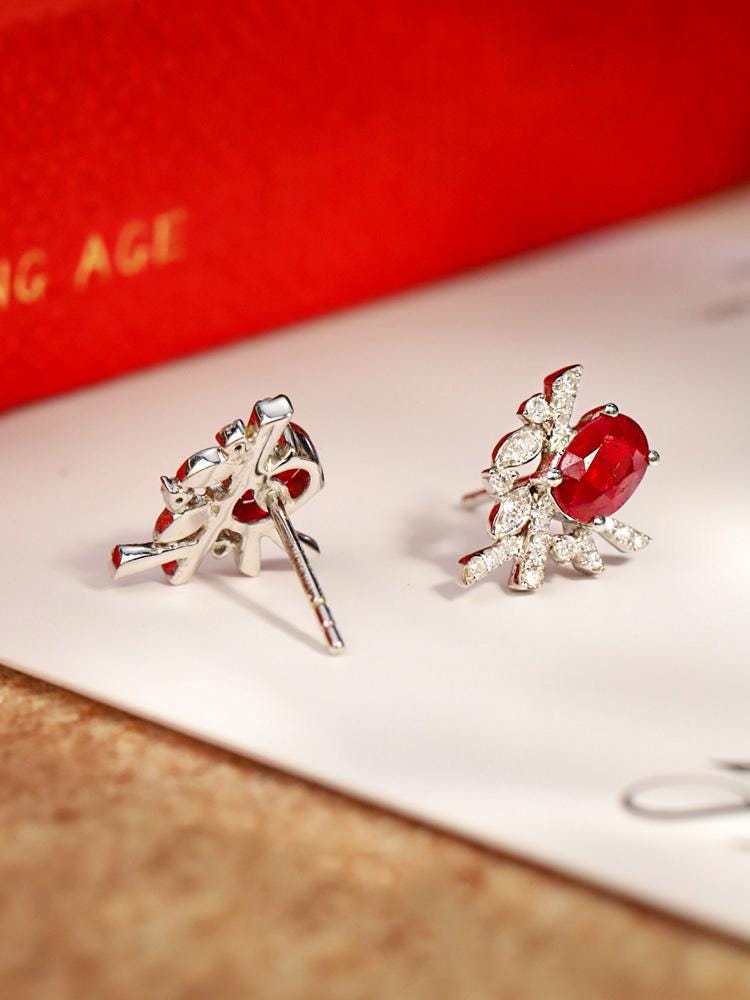 Dazzling Diamond Pigeon Blood Ruby Earrings in Platinum 950