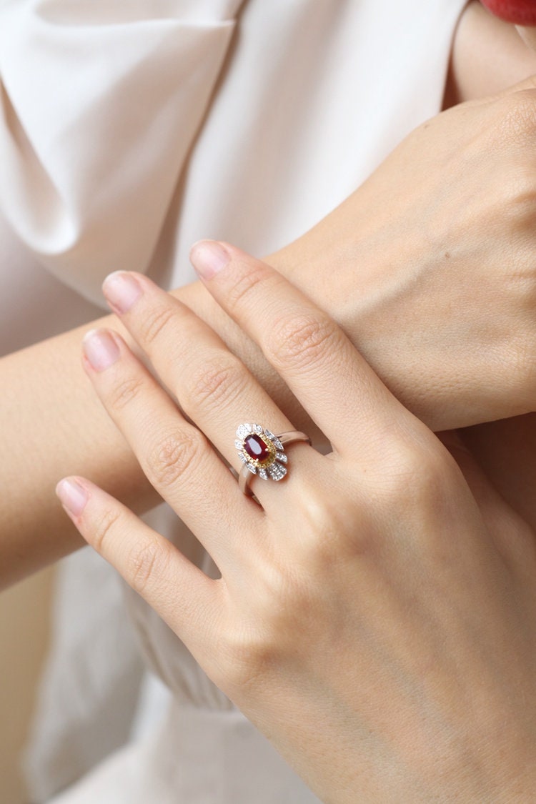 Vivid Red Ruby Oval & Diamond Ring - 18K Two Tone Gold