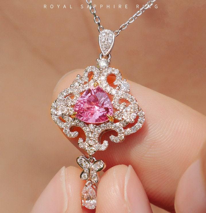 Pink Peach Sapphire Trillion Cut 18K Gold Pendant with Diamonds