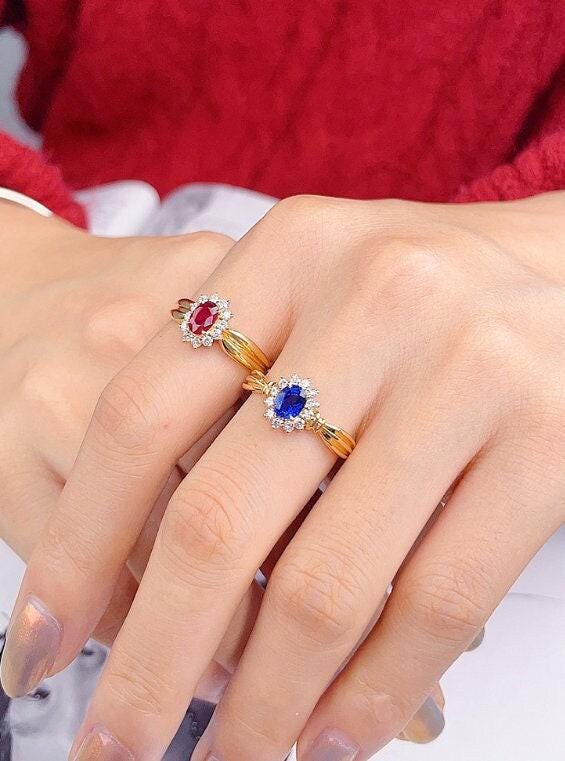 Halo Set Sapphire 18K Gold Ring with Pigeon Blood Ruby