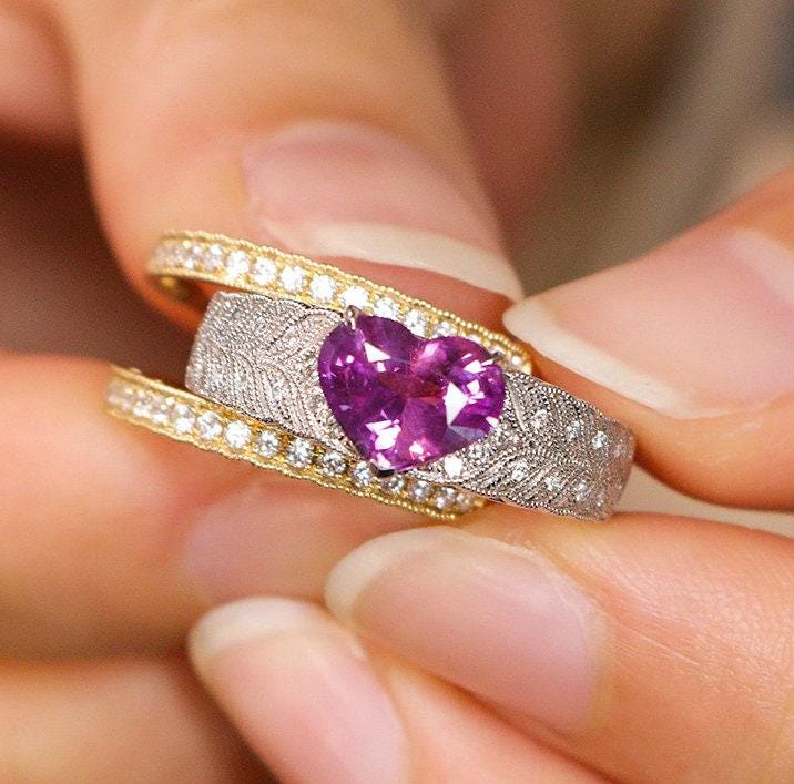 1.7ct Pink Sapphire Heart-Shaped Engraved Ring in 18K Two Tone Gold