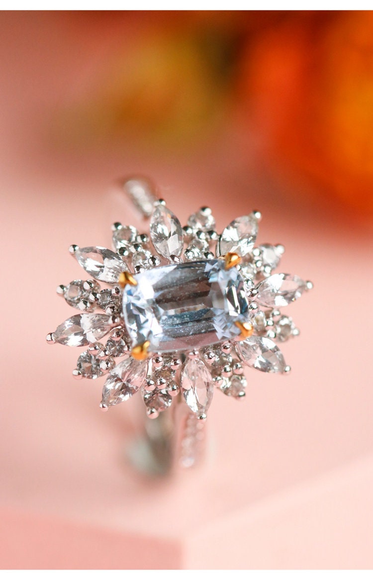 Blue Grey Spinel Rectangle & Diamond Proposal Ring - 18K Gold